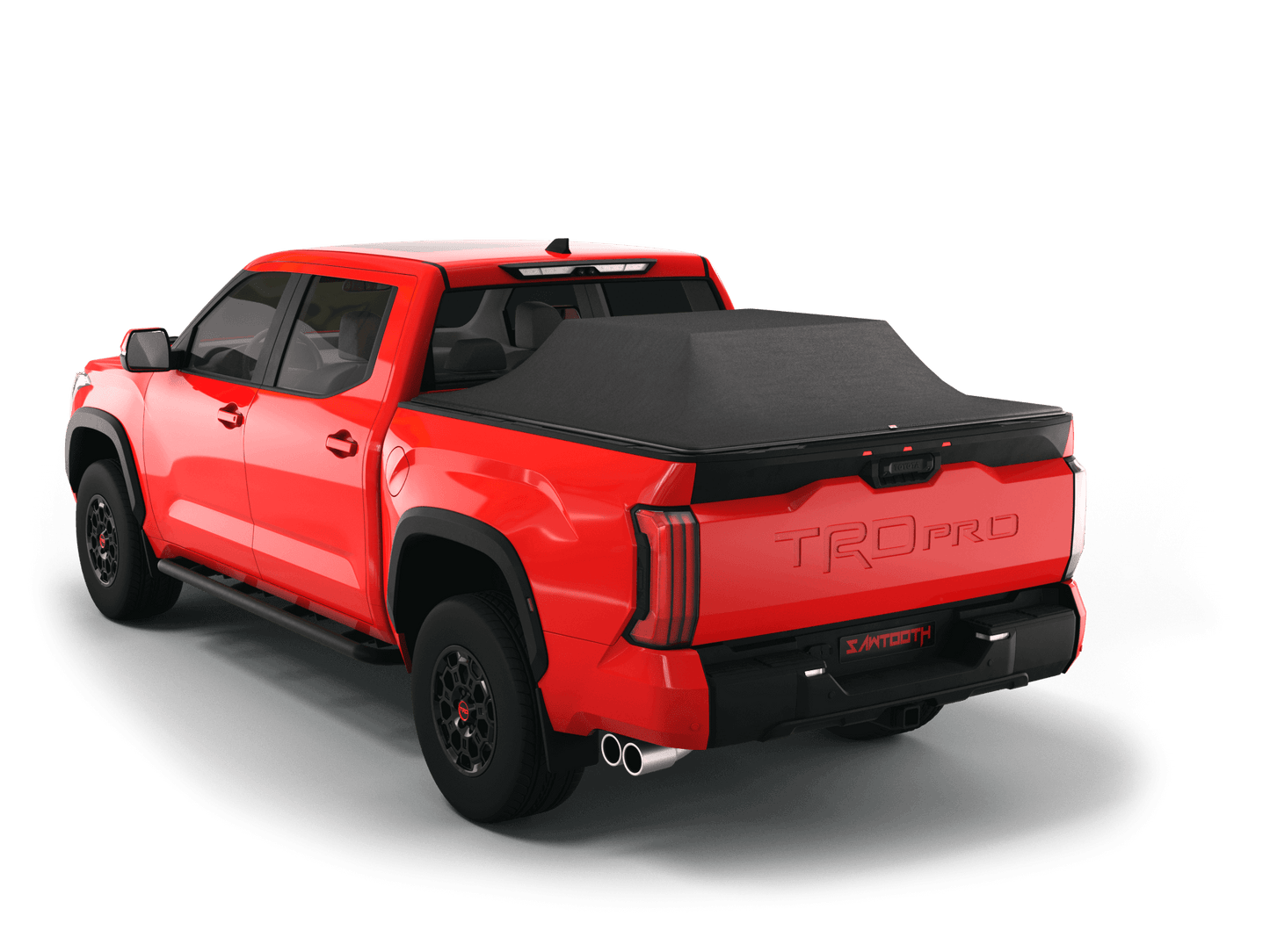 Red Toyota Tundra with loaded and expanded Sawtooth Stretch pickup truck bed cover