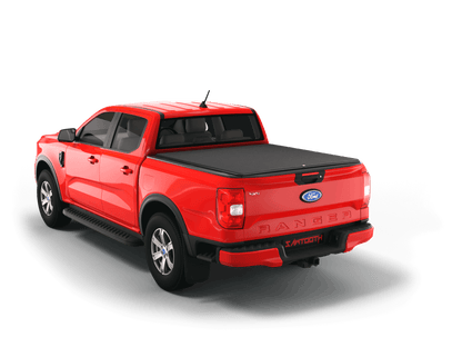 Red Ford Ranger with flat Sawtooth Stretch expandable tonneau cover