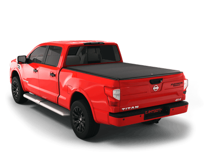 Red Nissan Titan with flat Sawtooth Stretch expandable tonneau cover