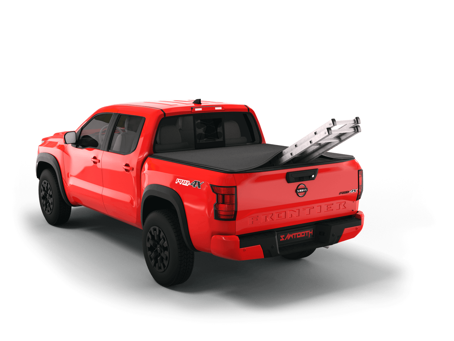 Red Nissan Frontier with ladder sticking out of Sawtooth Stretch expandable truck bed cover