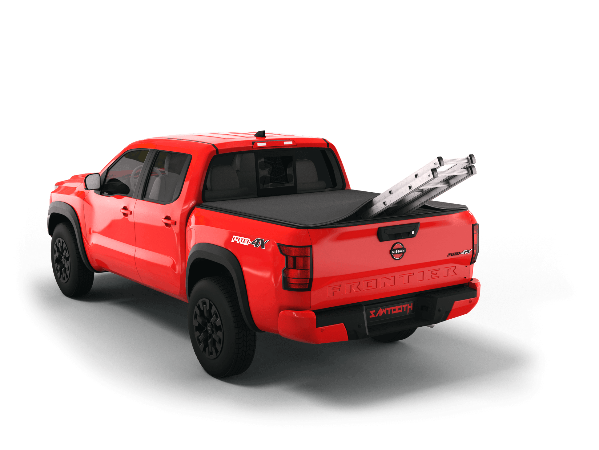 Red Nissan Frontier with ladder sticking out of Sawtooth Stretch expandable truck bed cover