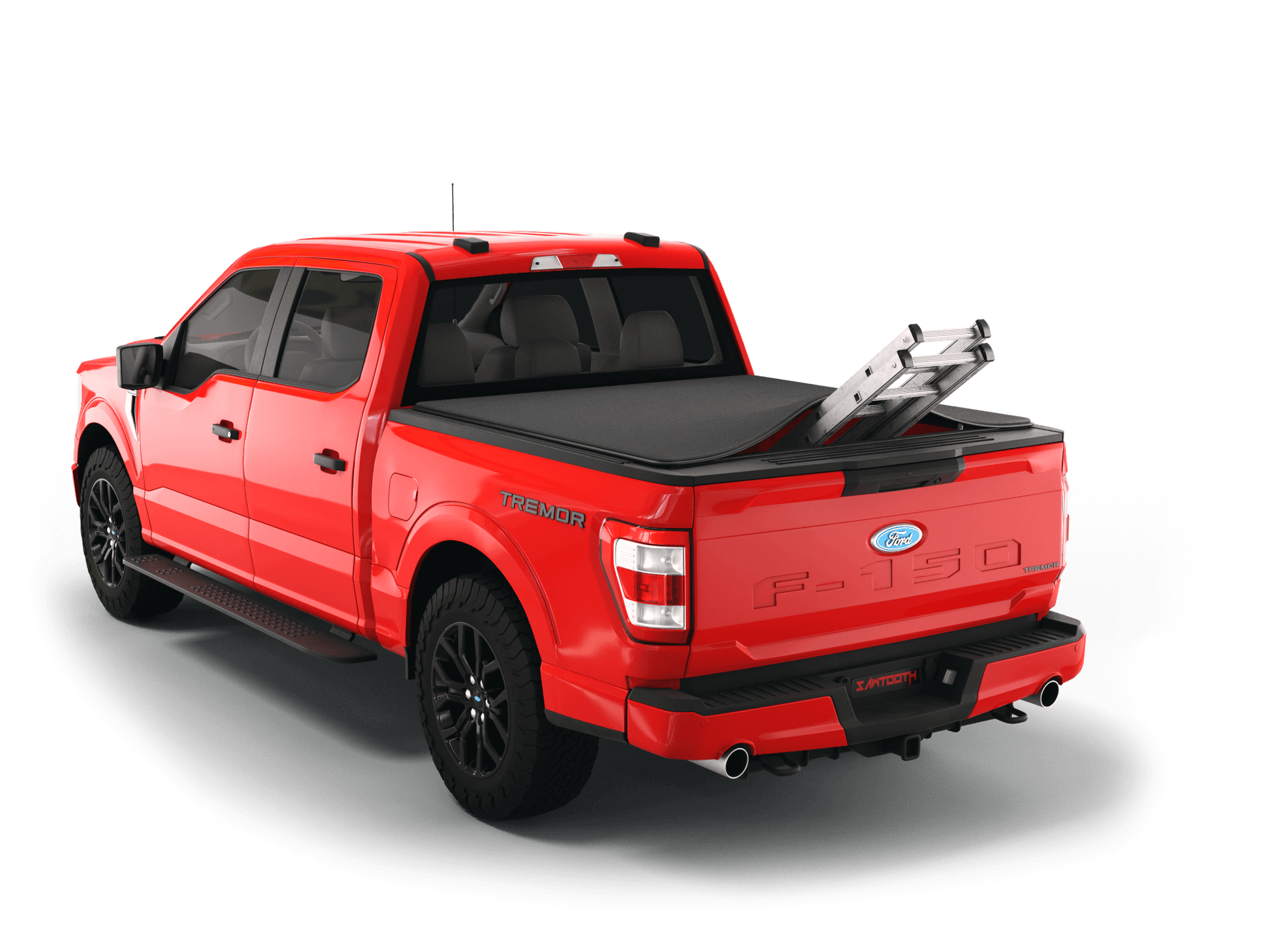 Red Ford F-250 / Ford F-350 with ladder sticking out of Sawtooth Stretch expandable truck bed cover