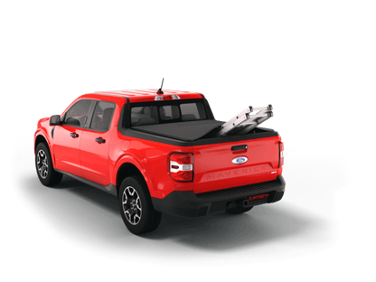 Red 2025 Ford Maverick with ladder sticking out of Sawtooth Stretch expandable truck bed cover