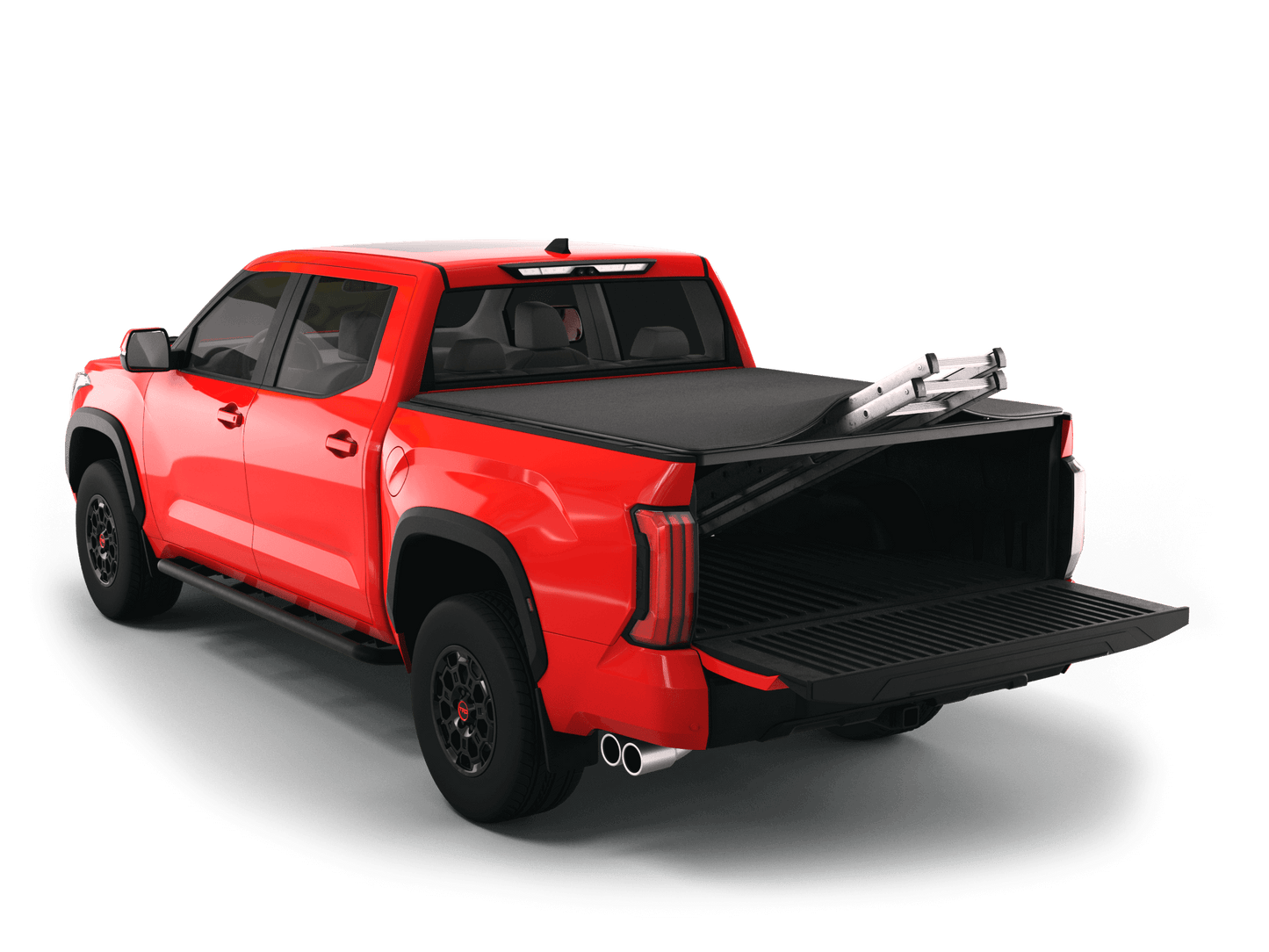 Red Toyota Tundra with Sawtooth Stretch expandable tonneau cover rolled up at cab