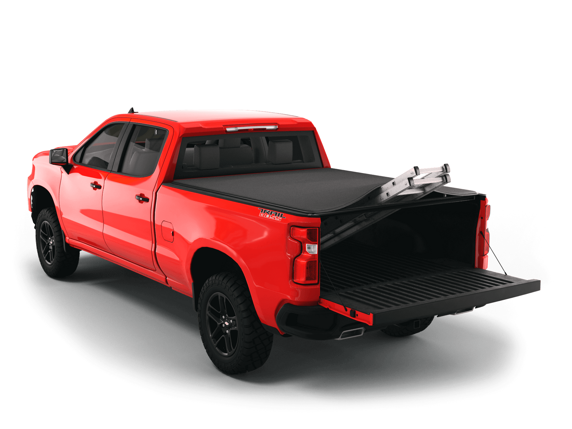 Red Chevrolet Silverado 1500 / GMC Sierra 1500 with Sawtooth Stretch expandable tonneau cover rolled up at cab