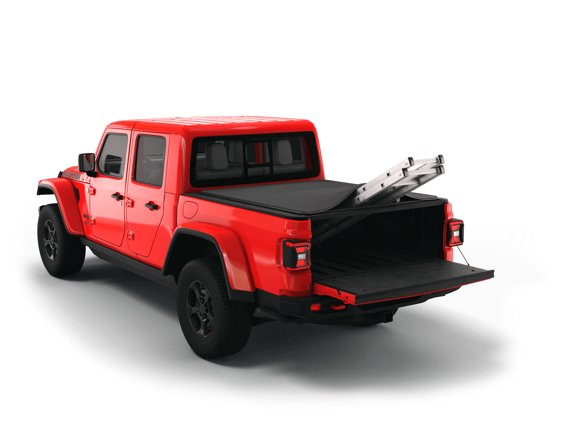 Red Jeep Gladiator with Sawtooth Stretch expandable tonneau cover rolled up at cab