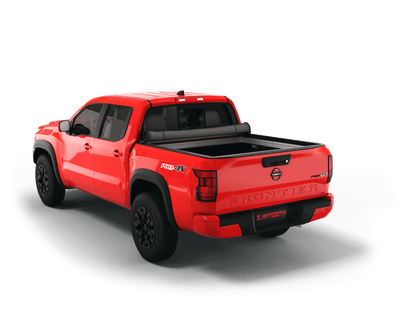 Red Nissan Frontier with Sawtooth Stretch expandable soft roll up tonneau cover with ladder and open tailgate 