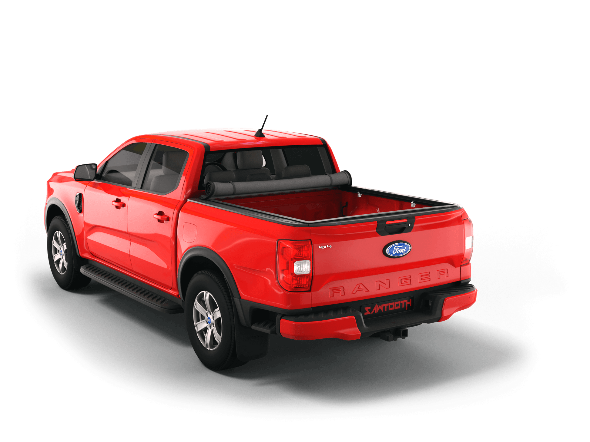 Red Ford Ranger with Sawtooth Stretch expandable soft roll up tonneau cover with ladder and open tailgate 