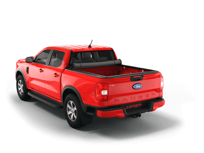 Red Ford Ranger with Sawtooth Stretch expandable soft roll up tonneau cover with ladder and open tailgate 