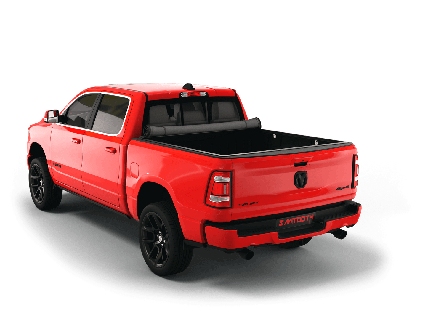 Red Ram 3500 with Sawtooth Stretch expandable soft roll up tonneau cover with ladder and open tailgate 