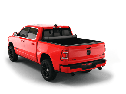 Red Ram 1500 with Sawtooth Stretch expandable soft roll up tonneau cover with ladder and open tailgate 