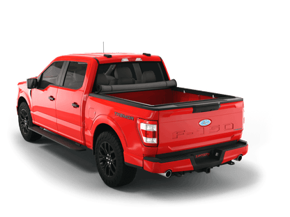 Red Ford F-150 with Sawtooth Stretch expandable soft roll up tonneau cover with ladder and open tailgate 