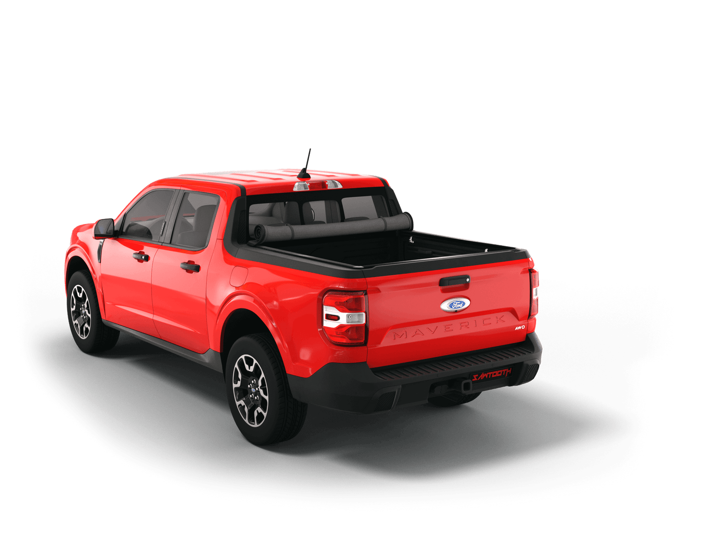 Red 2023 Ford Maverick with Sawtooth Stretch expandable soft roll up tonneau cover with ladder and open tailgate 