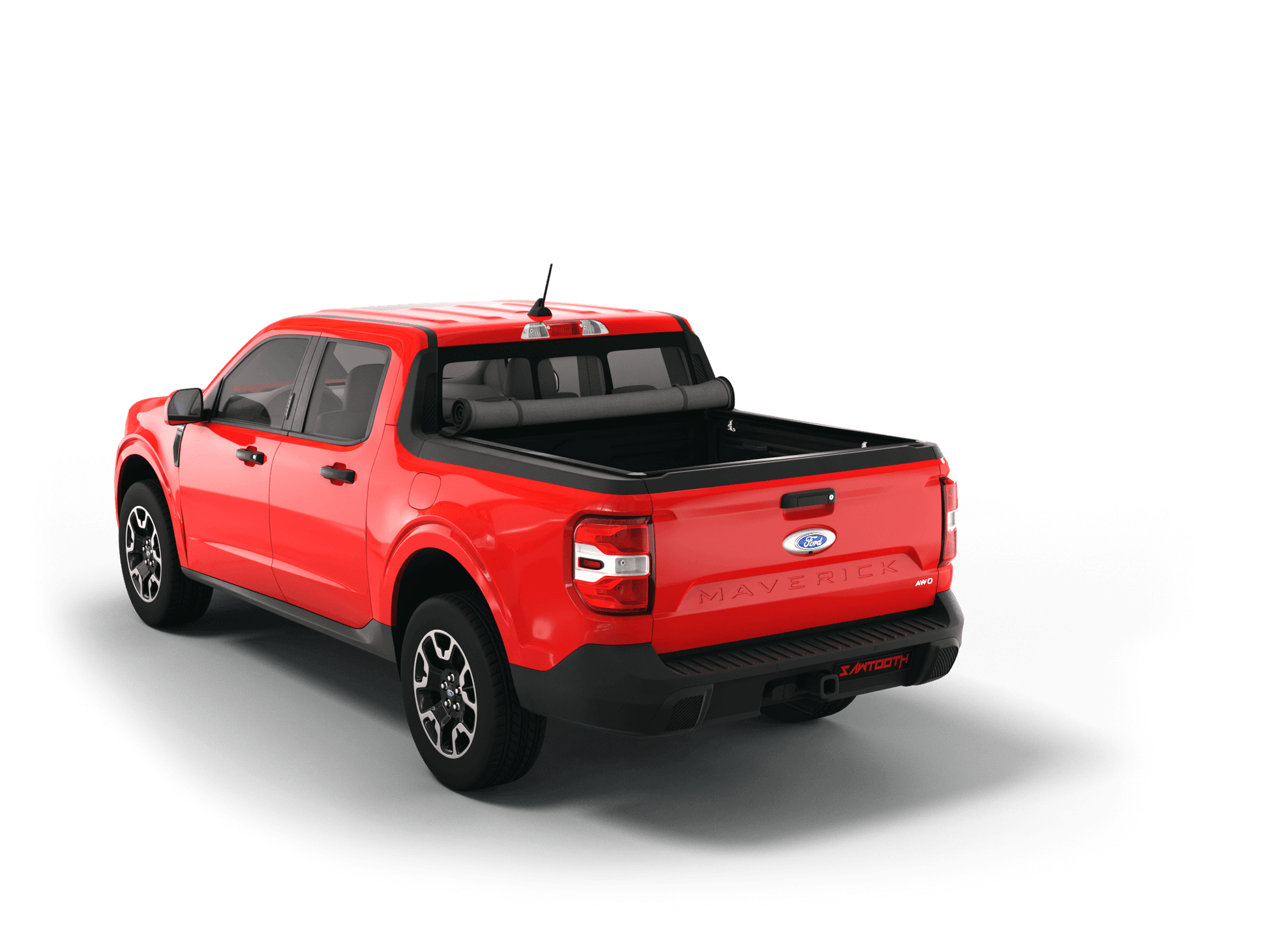 Red 2023 Ford Maverick with Sawtooth Stretch expandable soft roll up tonneau cover with ladder and open tailgate 