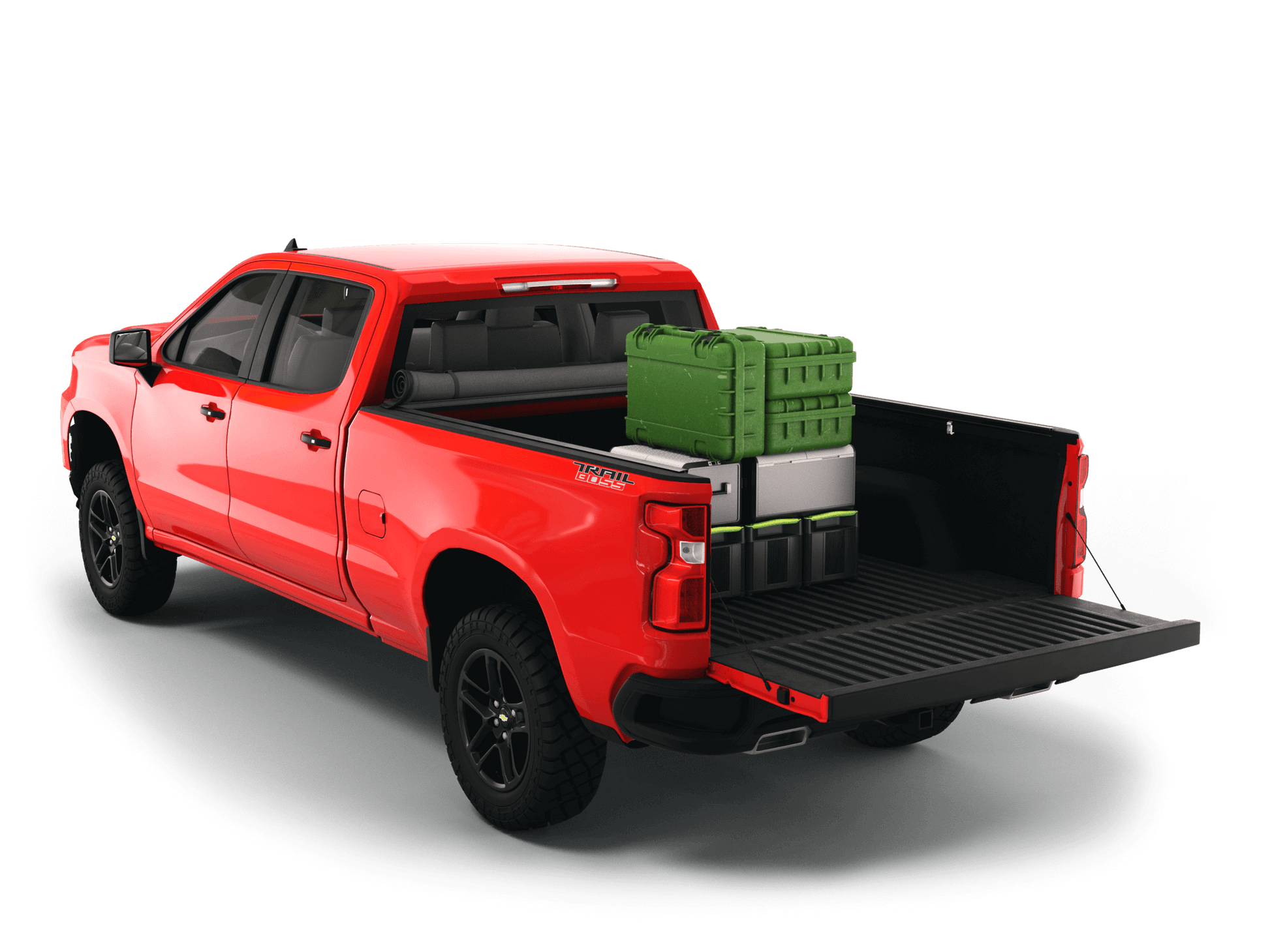 Red Chevrolet Silverado 2500HD / 3500 HD / GMC Sierra 2500HD / 3500HD with gear in the truck bed and the Sawtooth Stretch tonneau cover rolled up at cab 