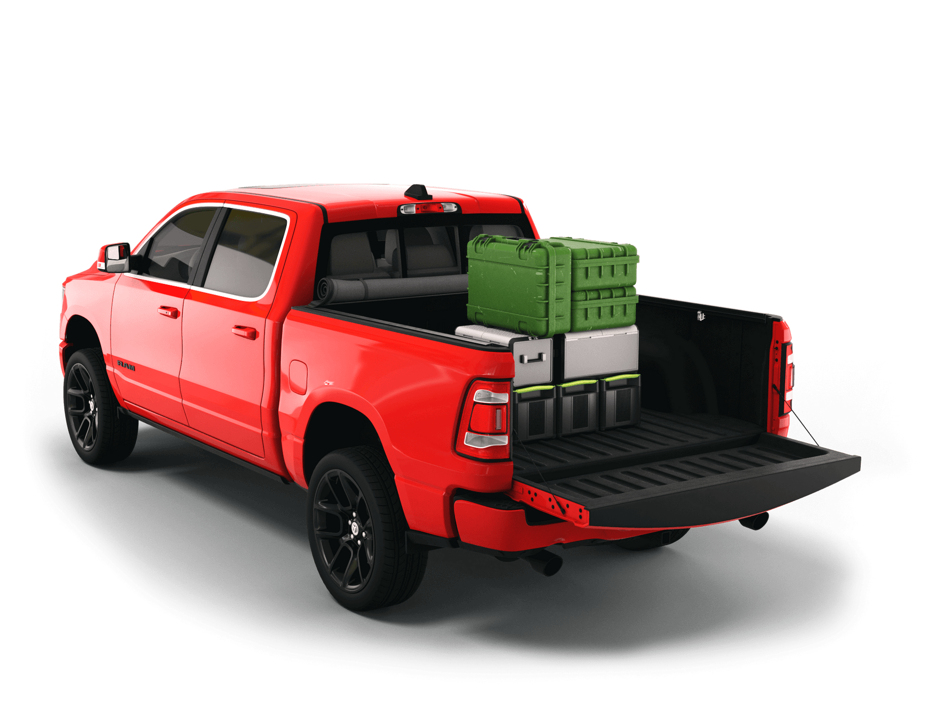 Red Ram 2500 with gear in the truck bed and the Sawtooth Stretch tonneau cover rolled up at cab 