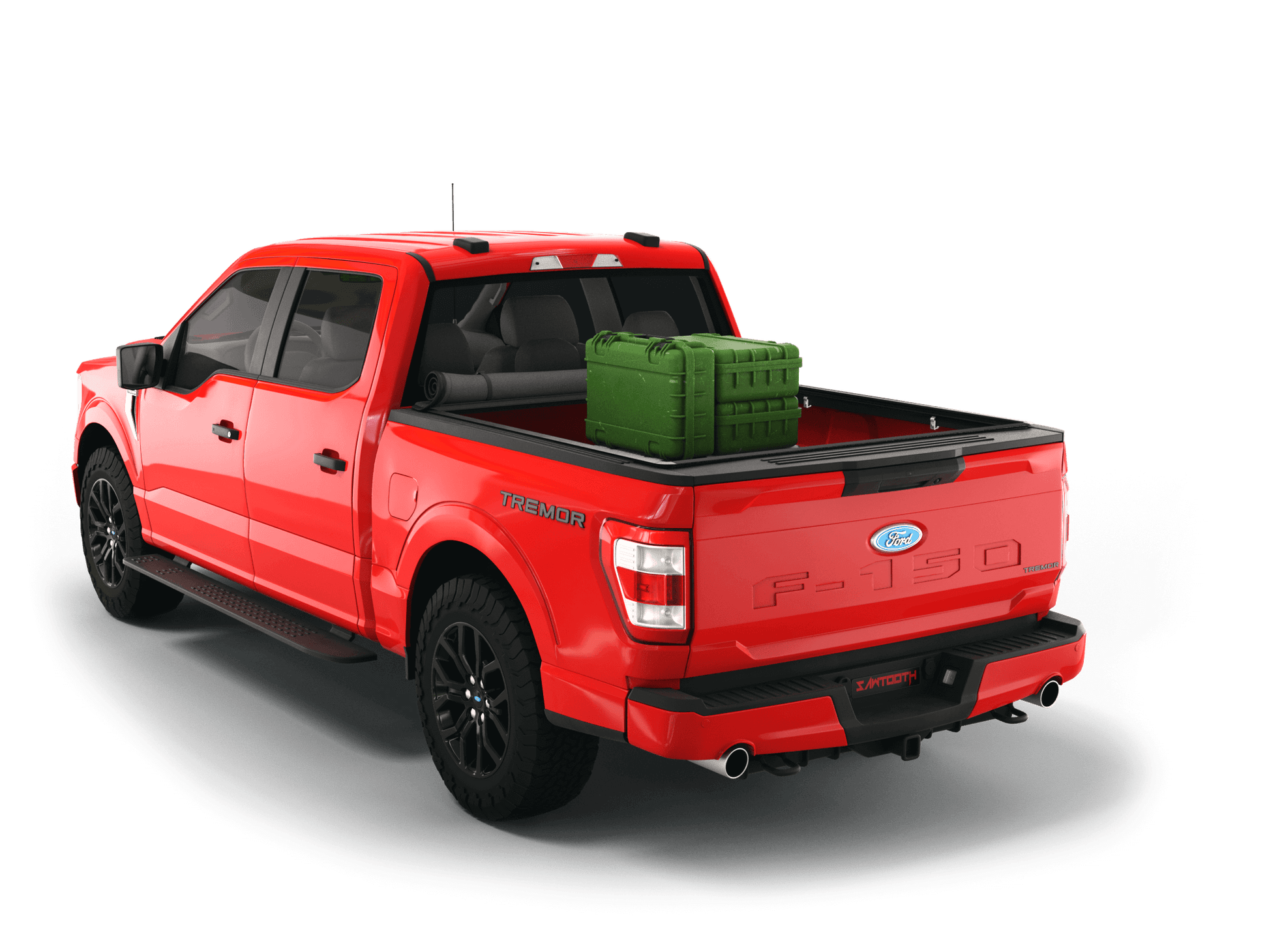 Red Ford F-250 / Ford F-350 with gear in the truck bed and the Sawtooth Stretch tonneau cover rolled up at cab 