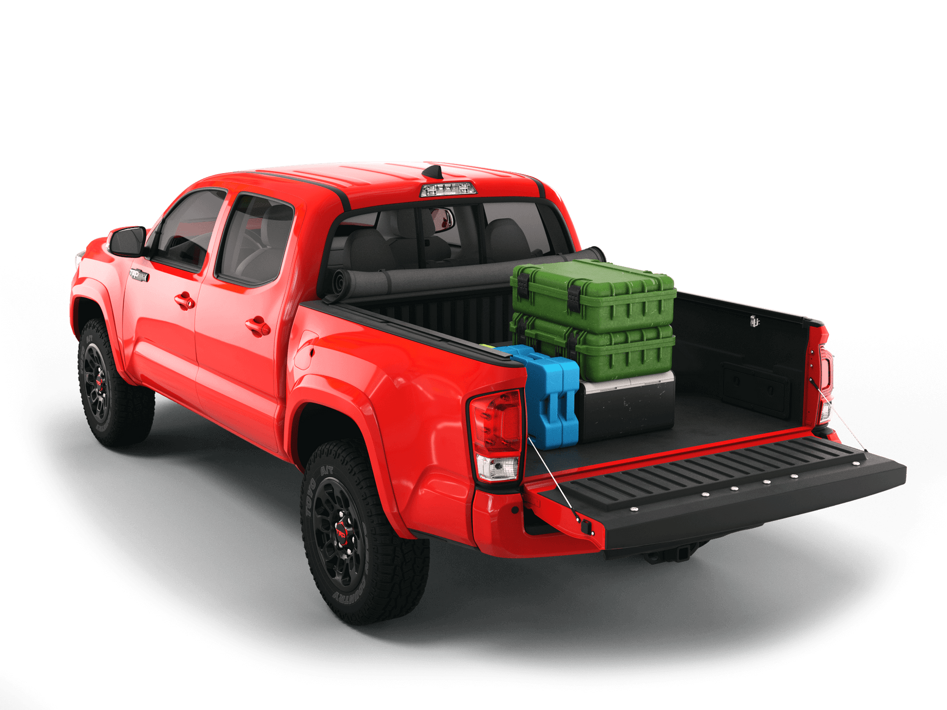 Red Toyota Tacoma with gear in the truck bed and the Sawtooth Stretch tonneau cover rolled up at cab 