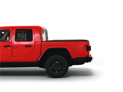 Red Jeep Gladiator with Sawtooth Stretch expandable tonneau cover laying flat