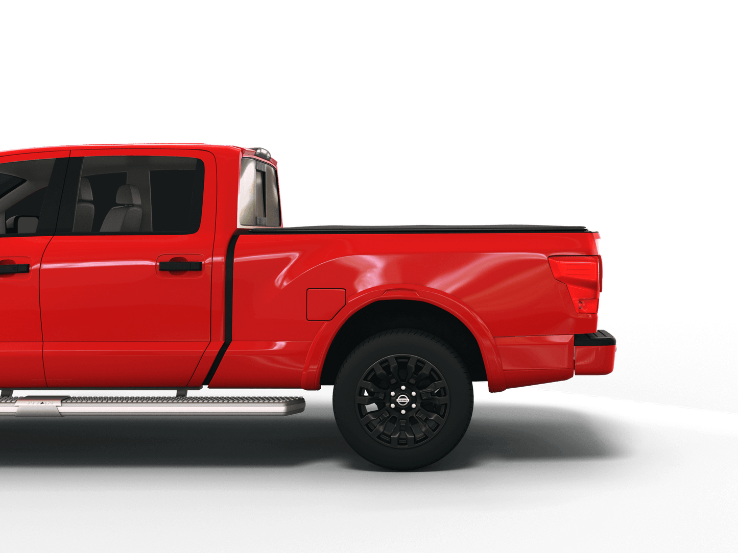 Red Nissan Titan with Sawtooth Stretch expandable tonneau cover laying flat