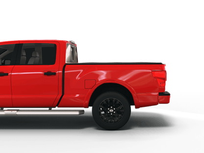 Red Nissan Titan with Sawtooth Stretch expandable tonneau cover laying flat