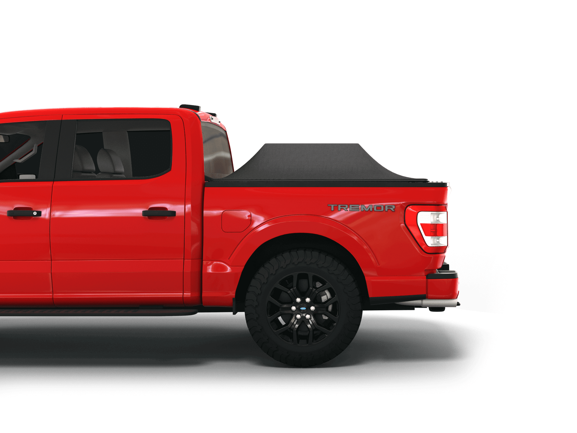 Red Ford F-150 with Sawtooth Stretch tonneau cover expanded over cargo load