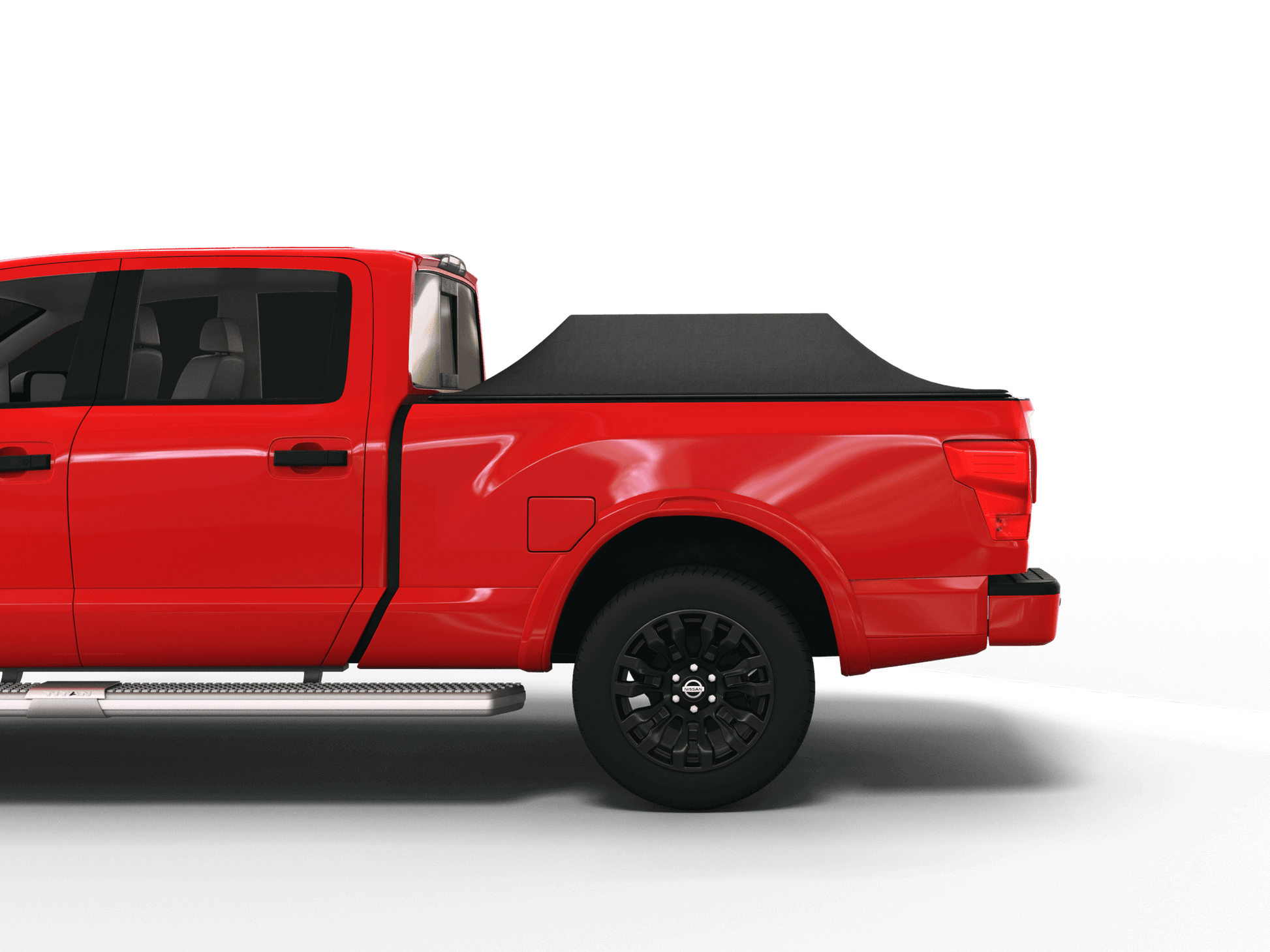 Red Nissan Titan with Sawtooth Stretch tonneau cover expanded over cargo load