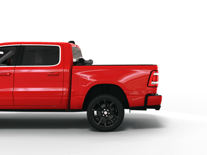 Red Ram 1500 with Sawtooth Stretch expandable pickup truck bed cover rolled up at cab