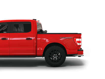 Red Ford F-250 / Ford F-350 with Sawtooth Stretch expandable pickup truck bed cover rolled up at cab