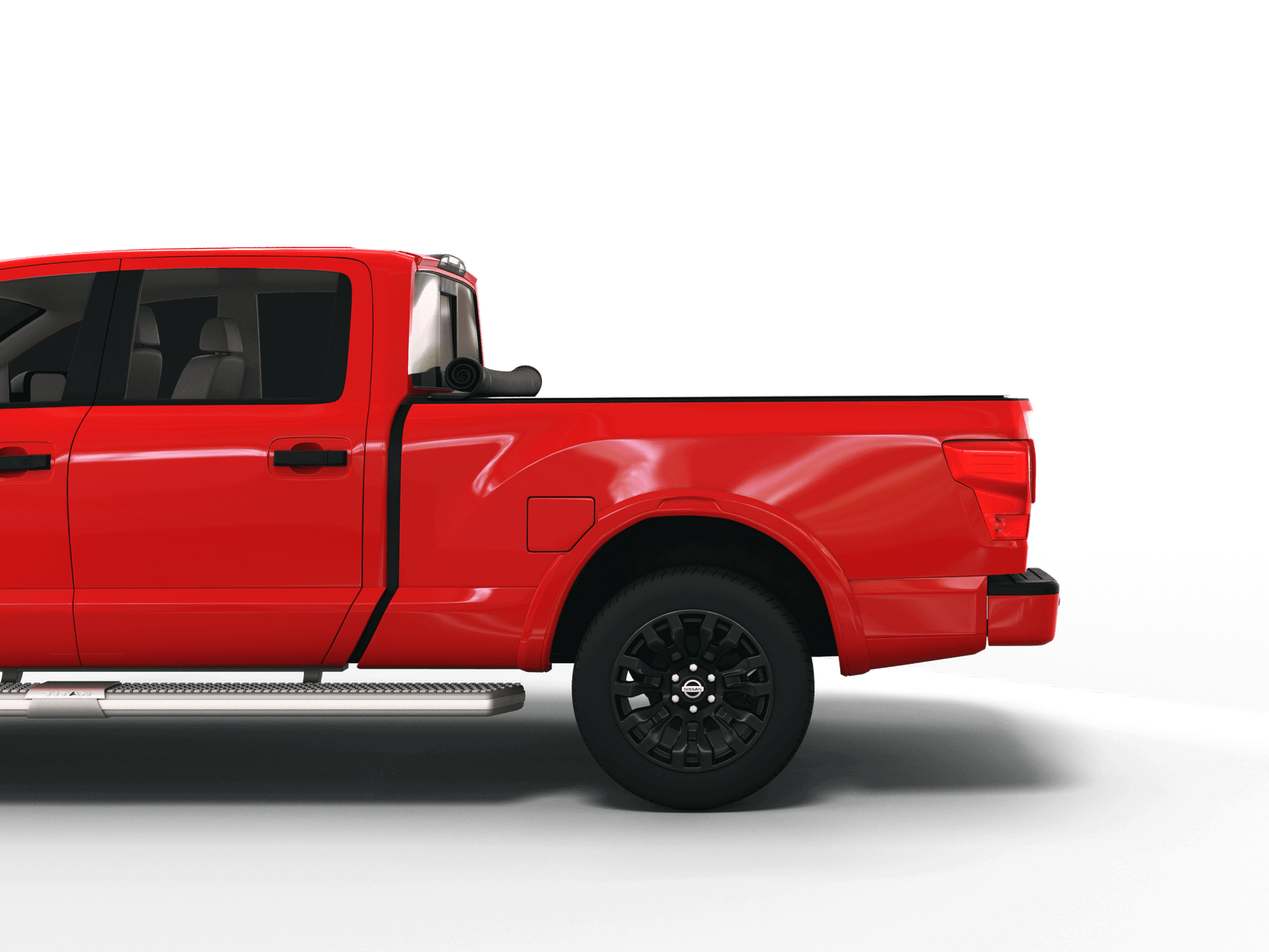 Red Nissan Titan with Sawtooth Stretch expandable pickup truck bed cover rolled up at cab