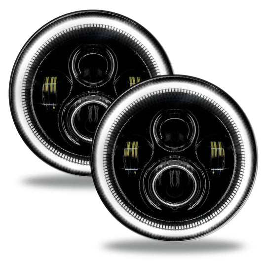 7-Inch Round LED Headlight Assembly, Sealed Beam with White Halo, Set of 2, Includes Plug-and-Play Wiring Adapters