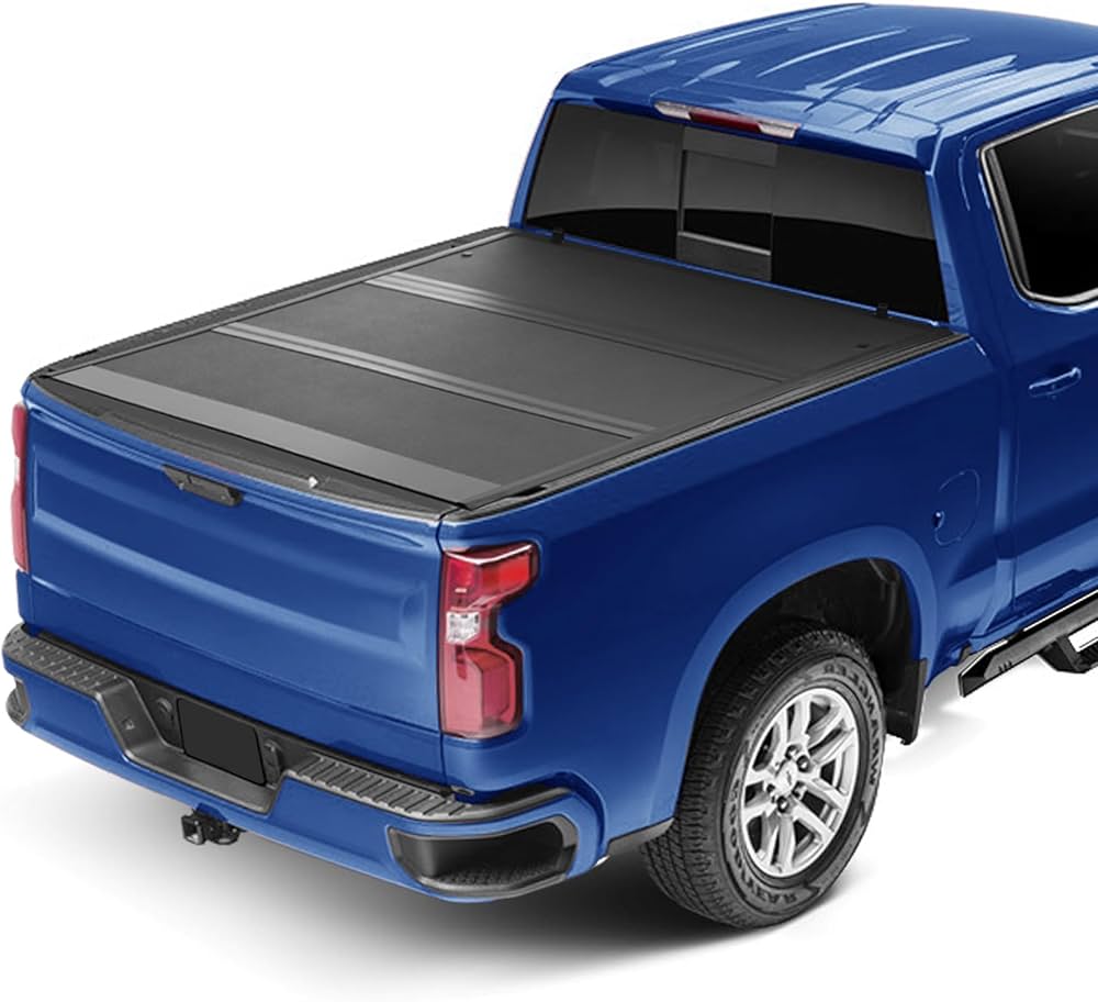 TrailFX Hard Tri-Folding Tonneau Cover - 3 Panels, Lockable, Black Aluminum, Carpeted Underside