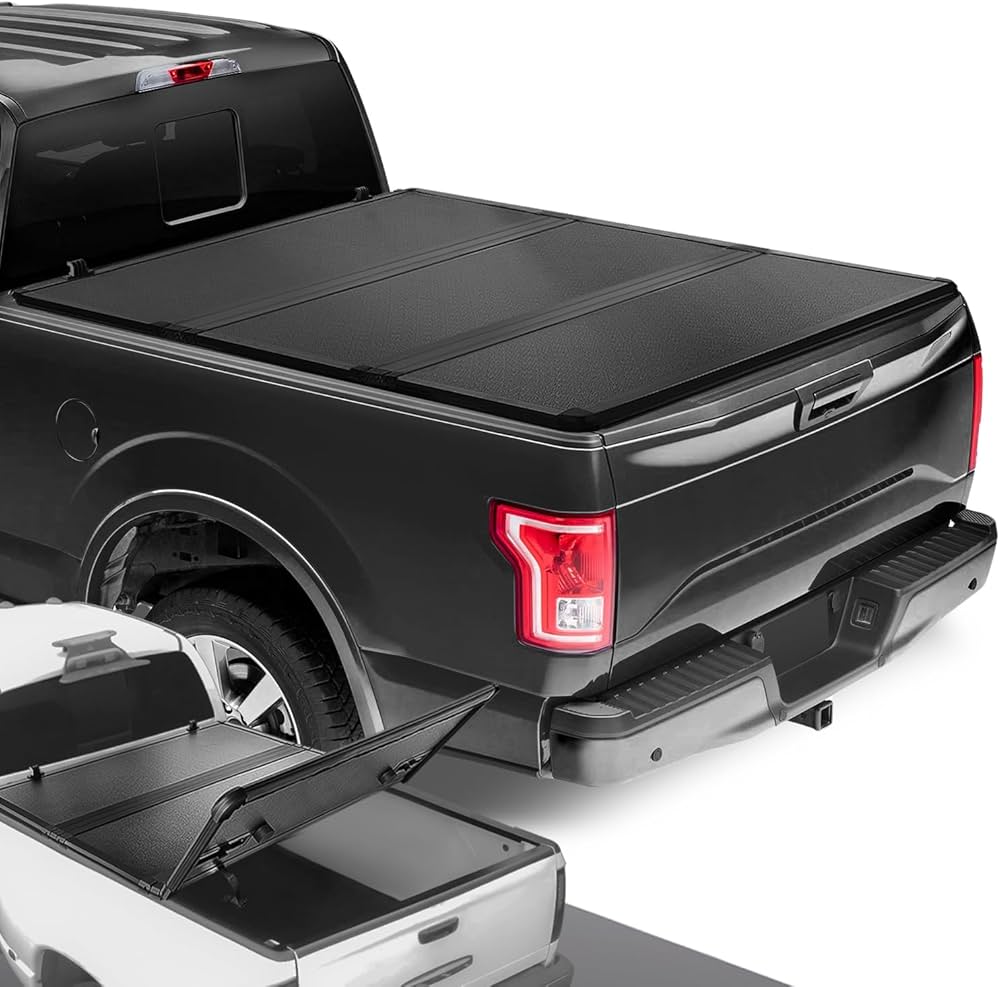 TrailFX Hard Tri-Folding Tonneau Cover - 3 Panels, Lockable, Black Aluminum, Carpeted Underside