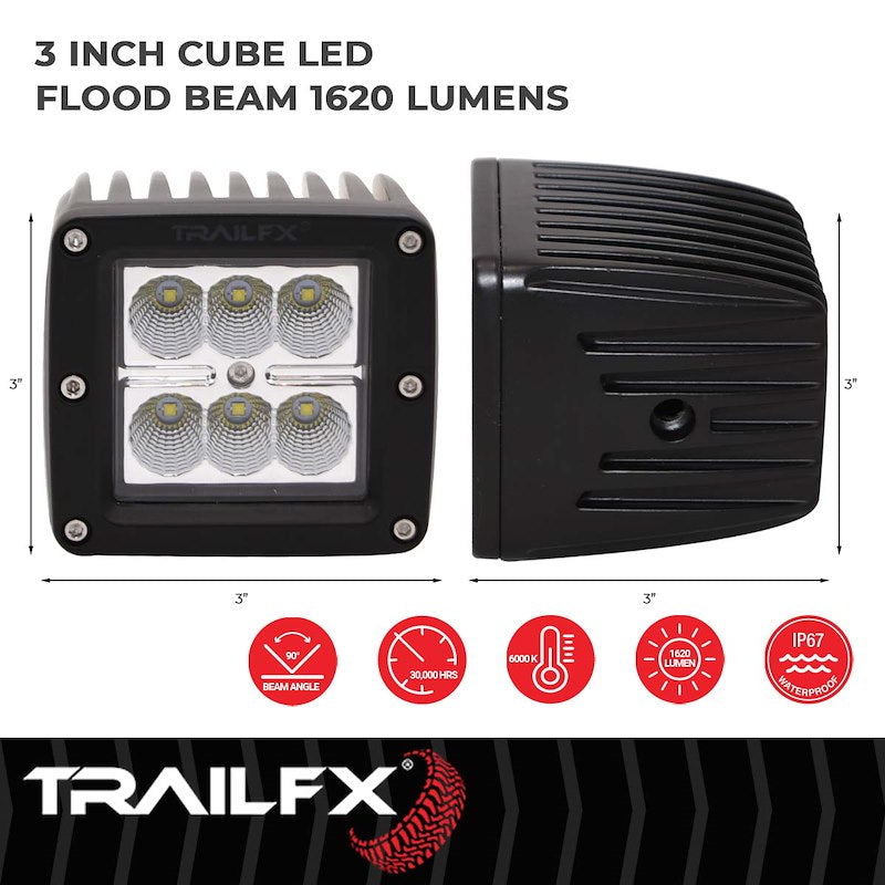 TFX 3" LED Fog Light; 20W, 1620 Lumens; 90° Flood Beam; IP67 Rated; Includes Wiring Harness, Set of 2.