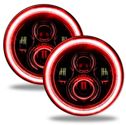 7-Inch Round LED Headlight Assembly, Sealed Beam with Red Halo, Black Housing, Set of 2, Includes Plug-and-Play Wiring Adapters