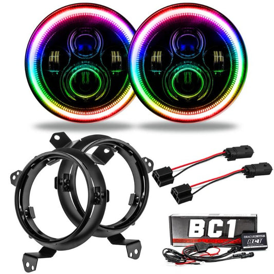 7" Round LED Headlights, 2200LM Low/3600LM High, Black Housing, ColorSHIFT-BC1, DOT/SAE, Set of 2, Includes ColorSHIFT Controller, Remote, Adapters & Brackets