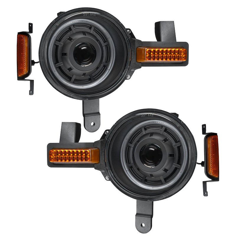 Oculus™ LED Headlight Assembly, 36W, 5200 Lumens, Projector Beam, Clear Lens, Black Housing, Set of 2, with Amber Turn Signal and White Halo.