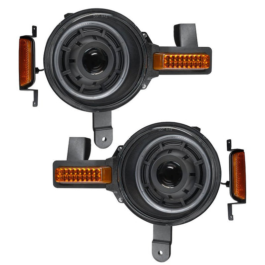 Oculus™ LED Headlight Assembly, 36W, 5200 Lumens, Projector Beam, Clear Lens, Black Housing, Set of 2, with Amber Turn Signal and White Halo.