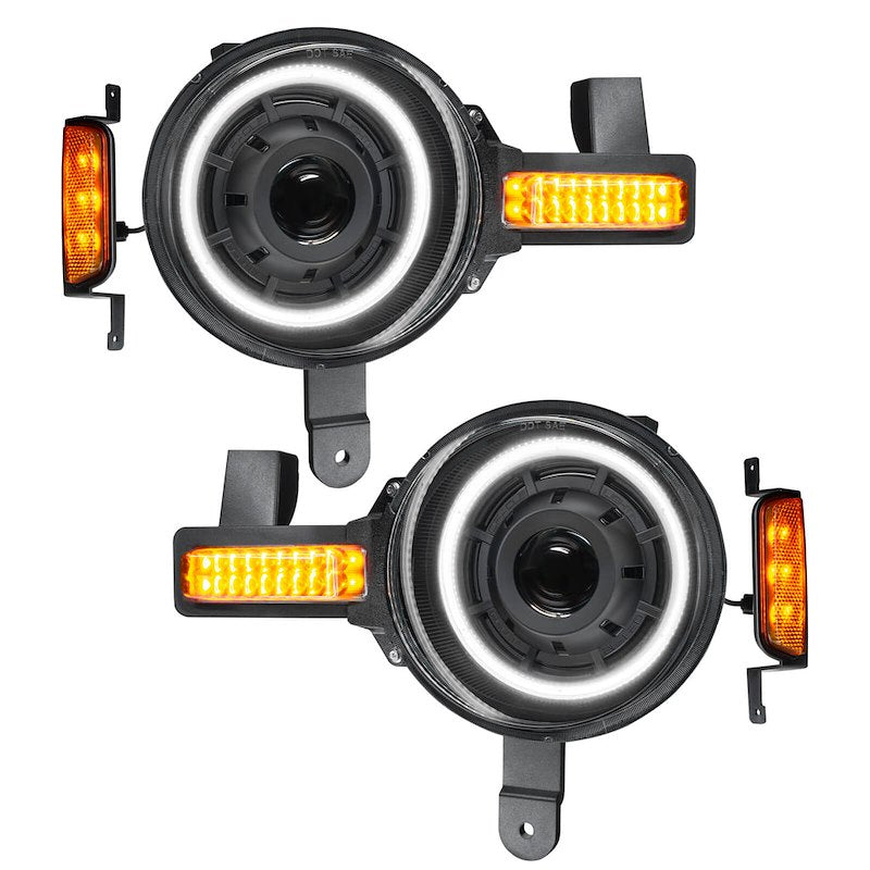 Oculus™ LED Headlight Assembly, 36W, 5200 Lumens, Projector Beam, Clear Lens, Black Housing, Set of 2, with Amber Turn Signal and White Halo.