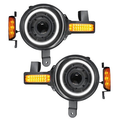 Oculus™ LED Headlight Assembly, 36W, 5200 Lumens, Projector Beam, Clear Lens, Black Housing, Set of 2, with Amber Turn Signal and White Halo.