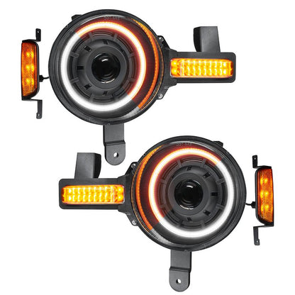 Oculus™ Bi-LED Headlight Assembly, 36W, 5200 Lumens, Projector Beam, Clear Lens, Black Housing, Set of 2, with Amber Turn Signal and Switchback Halo.