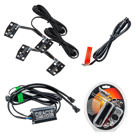 ColorSHIFT® DRL Upgrade Kit with RF Controller, RGB+W DRL PCB, LED driver hubs, IP67 wiring adapters, and plug-and-play installation.