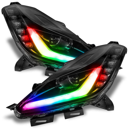 Amber Lens LED Headlight Set for Corvette C7; includes ColorSHIFT DRL boards, wiring harness, and Bluetooth control.