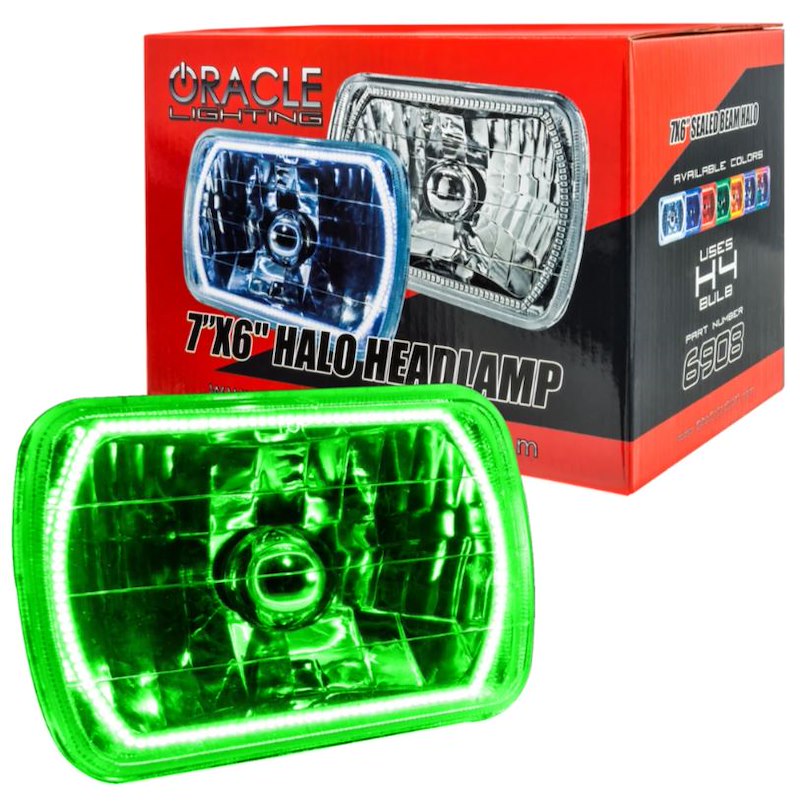 Oracle 7x6 Inch Rectangular Headlights H6054 Green Halo Chrome Housing