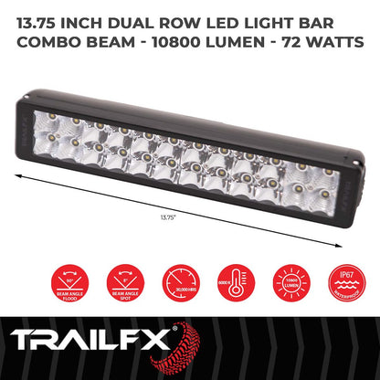 TFX 12" LED Light Bar – 72W, Combo Beam, 10800 Lumens, Black Housing with Wiring & Mounting Brackets