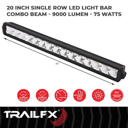 TFX 20" LED Light Bar – 75W, 9000 Raw Lumens, 6567 Effective Lumens, Spot & Flood Beam, Black Housing with Wiring & Mounting Brackets