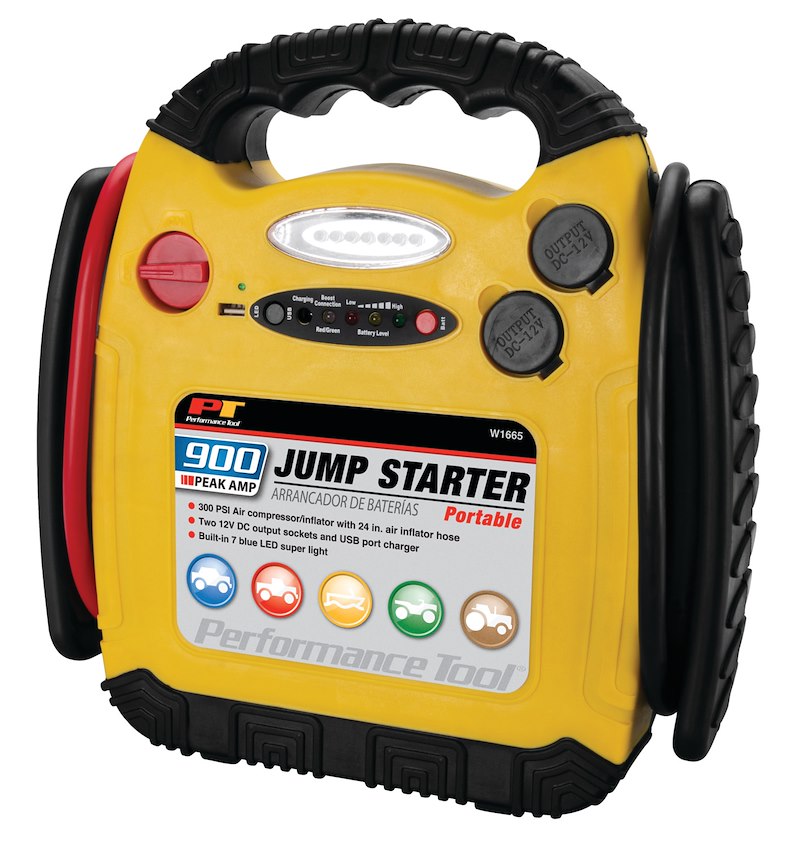 Portable Jump Starter, 900 Peak Amps/400 CCA, 2 x 12V DC Outlets, 300 PSI Inflator, 12V 12AH SLA Battery, UL Certified Charger.