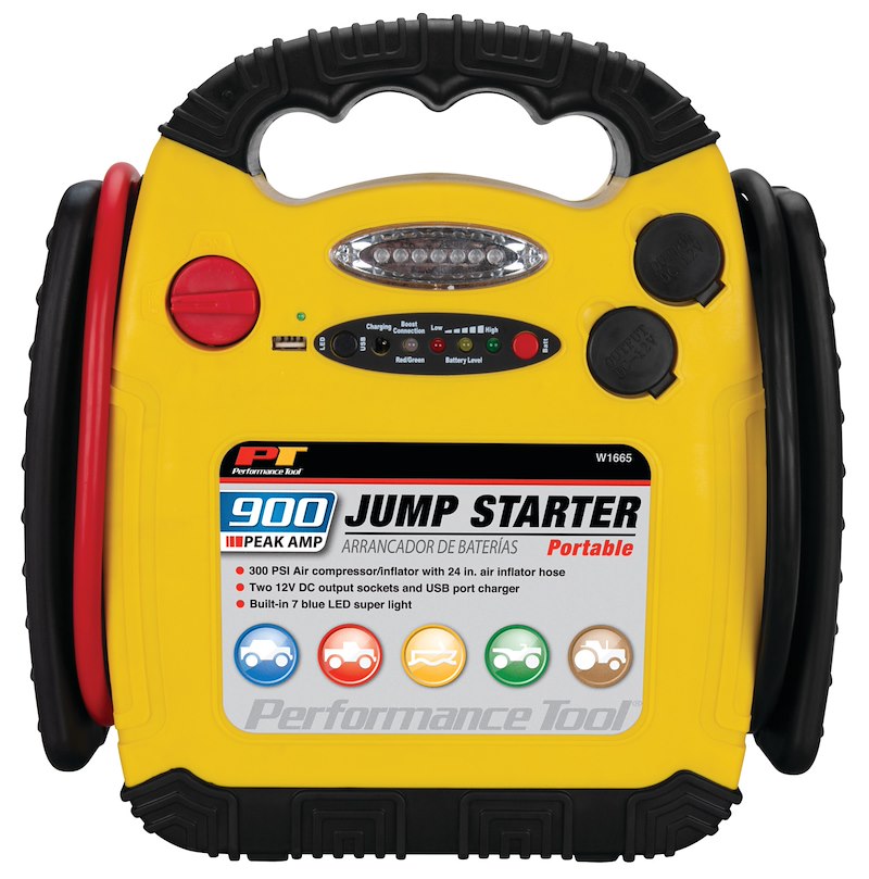 Portable Jump Starter, 900 Peak Amps/400 CCA, 2 x 12V DC Outlets, 300 PSI Inflator, 12V 12AH SLA Battery, UL Certified Charger.