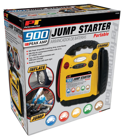 Portable Jump Starter, 900 Peak Amps/400 CCA, 2 x 12V DC Outlets, 300 PSI Inflator, 12V 12AH SLA Battery, UL Certified Charger.