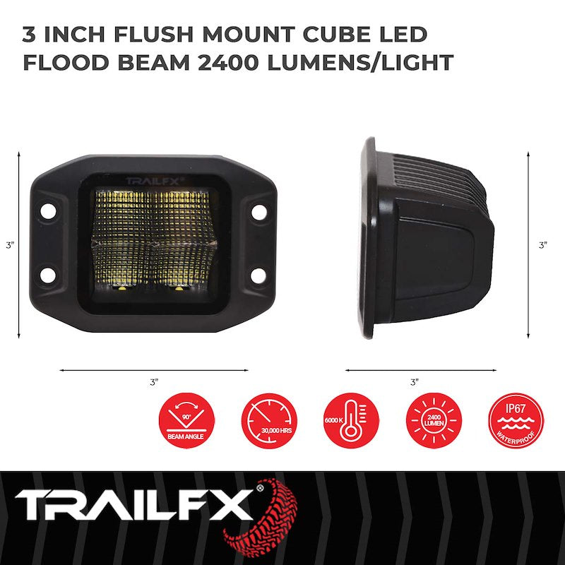 TFX 3" Flush Mount LED Lights; 20W, 2400 Lumens; 90° Flood Beam; IP67 Rated; Set of 2.